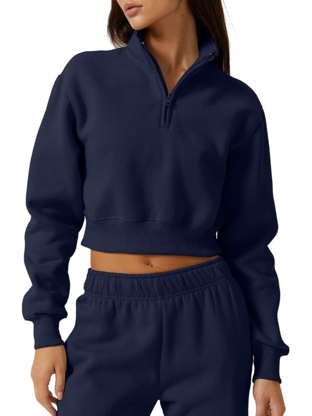 Women’s Navy High Neck Long Sleeve Cropped Half Zip Top Sweatshirt